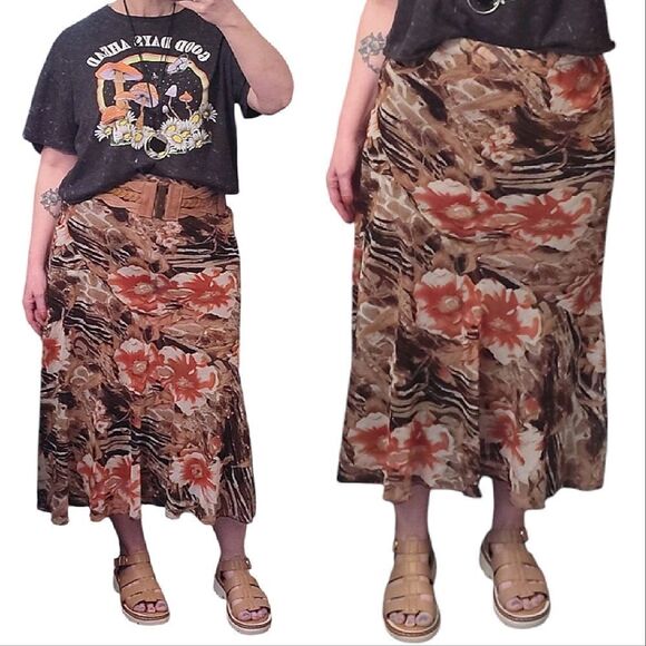 Vintage Brown Orange Metallic Floral Mesh Midi Lined Skirt *Fits Like Large - Picture 1 of 11